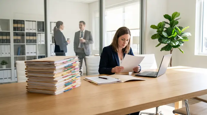 A tall stack of tabbed case files on the table of a bright law-office meeting room; beside it a lawyer reads a page.