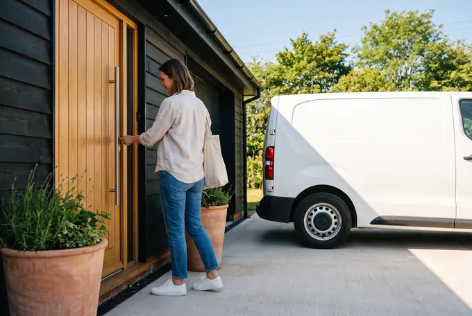 A woman turns the key in the oak door of a smart modern workshop in afternoon sun; a new white van stands beside her.