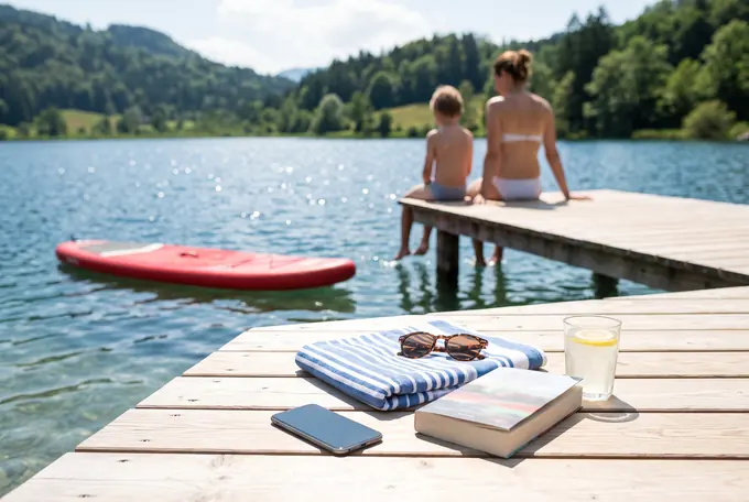 A phone lying face down on a sunny lake jetty beside a towel, sunglasses and a book; further along, a woman and a child sit with their feet in the water.