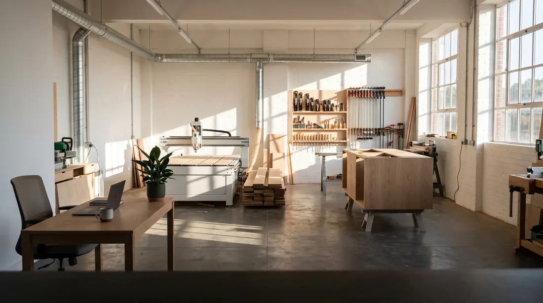 A bright, modern joinery workshop in early morning sun: a CNC router, hand planes on the wall, a clean floor. The desk in the corner is empty, its chair pushed in.