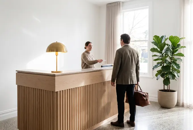 A fluted oak reception desk, newly fitted in a small, bright hotel; the receptionist hands a guest his key card.