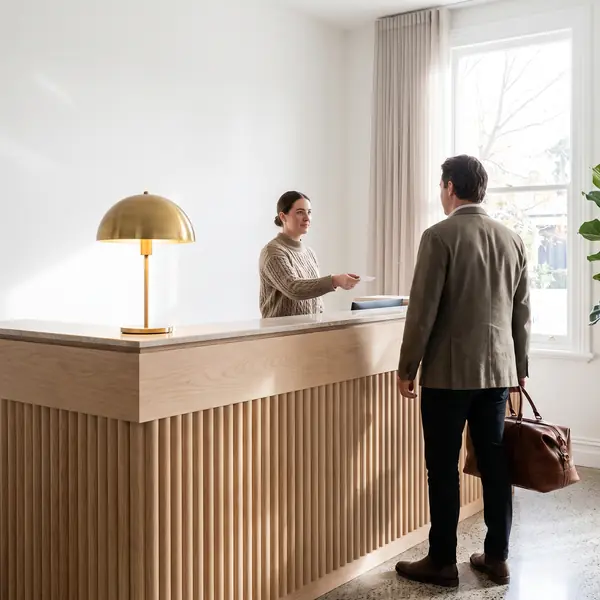 The finished oak reception desk.