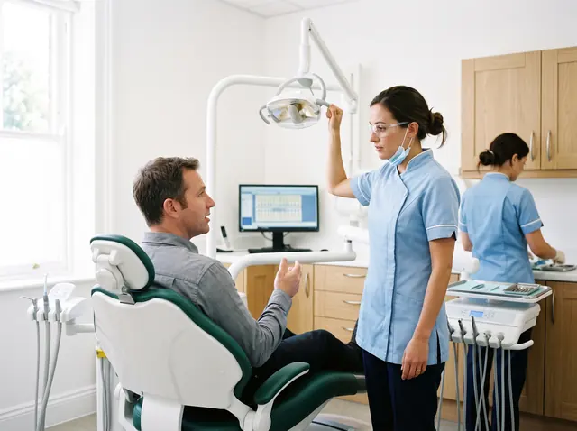 In a bright dental practice, the dentist adjusts the lamp while listening to her patient.