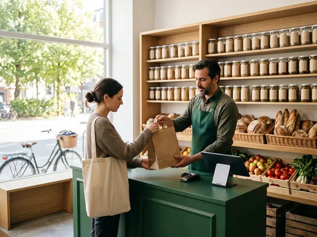 In a modern neighbourhood grocery, the shopkeeper hands a customer a paper bag across the counter.