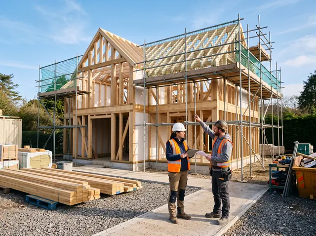 A new timber-frame house going up under a blue sky; the site manager, tablet in hand, talks with a carpenter.