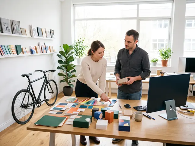 Two designers lean over a studio table covered in colour swatches and packaging mock-ups.
